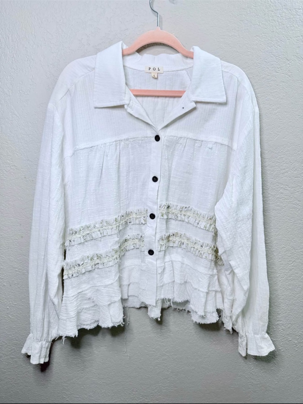 POL White Textured Button-Down Shirt with Fringe Trim